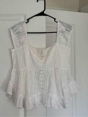 American Eagle Outfitters White Button-Front Ruffle Peplum Top